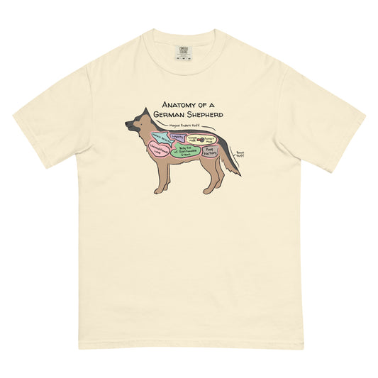 Anatomy of a Dachshund illustration on an ivory colored T-Shirt