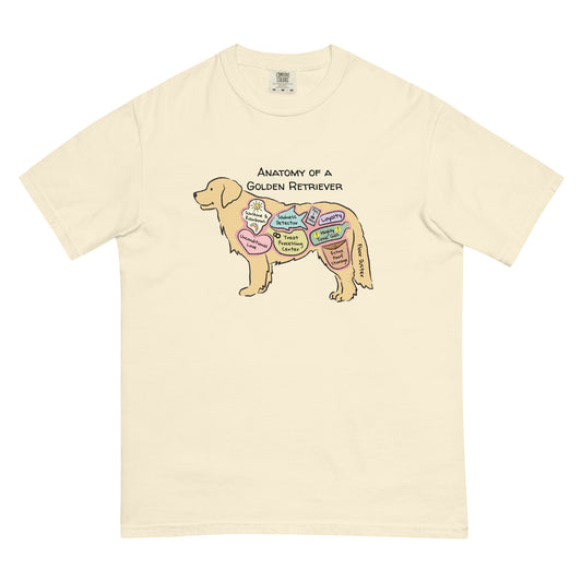 Anatomy of a golden retriever illustration on an ivory colored T-Shirt