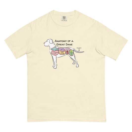 Anatomy of a great dane illustration on an ivory colored T-Shirt