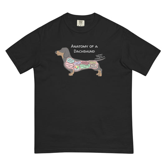 Anatomy of a Dachshund illustration on a black T-Shirt