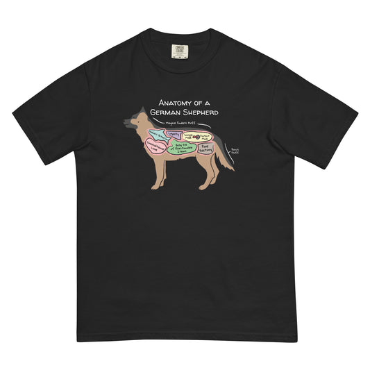 Anatomy of a German Shepherd illustration on a black T-Shirt