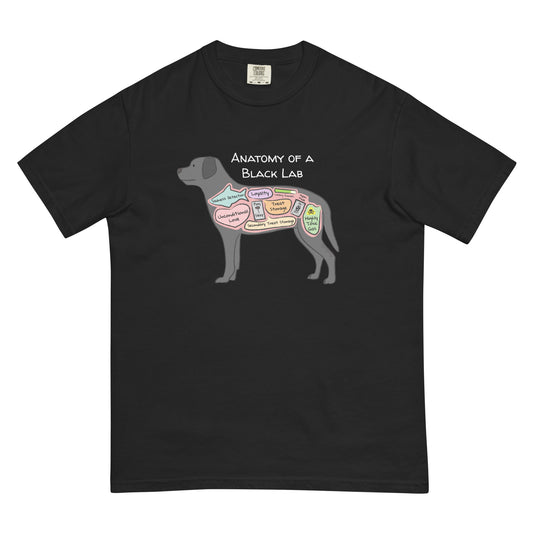 Anatomy of a black lab illustration on a black t-shirt