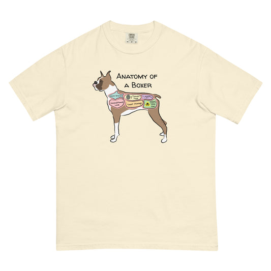 Anatomy of a boxer dog illustration on an ivory colored T-Shirt