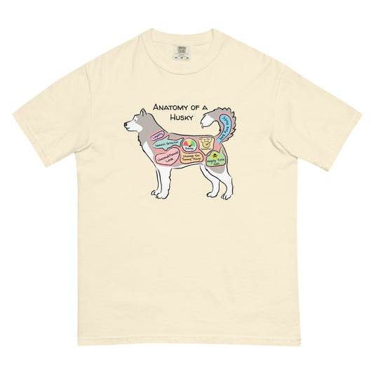 Anatomy of a husky illustration on an ivory colored T-Shirt