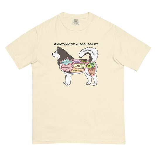 Anatomy of a malamute illustration on an ivory colored T-Shirt