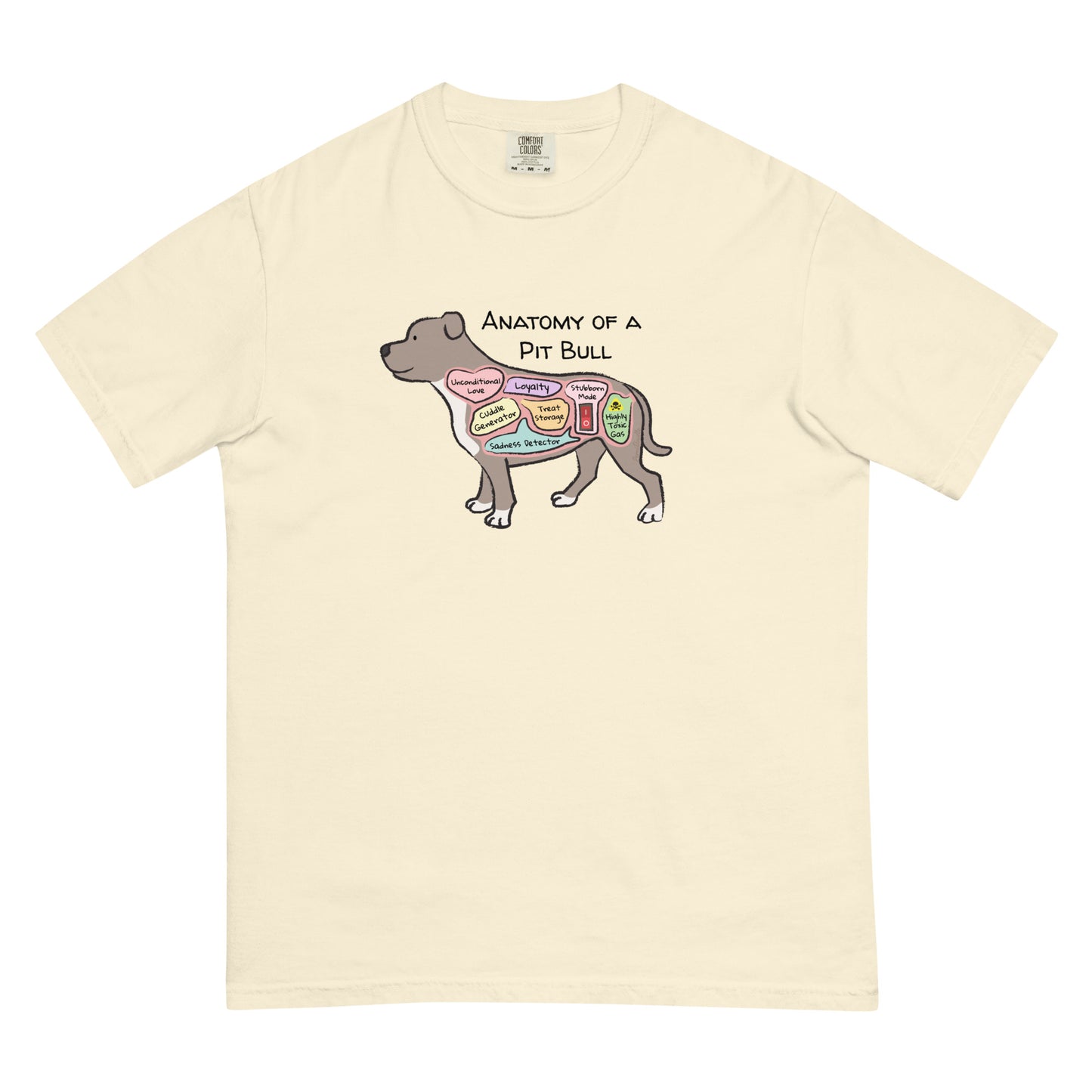 Anatomy of a pit bull illustration on an ivory colored t-shirt