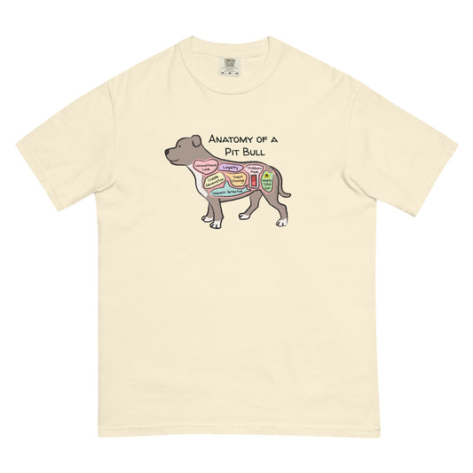 Anatomy of a pit bull illustration on an ivory colored t-shirt