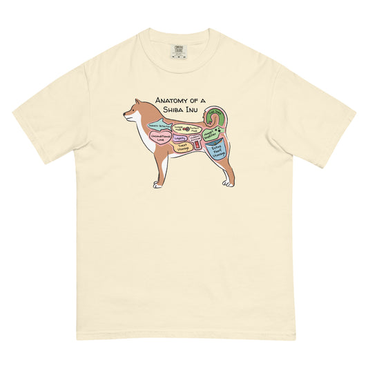 Anatomy of a shiba inu illustration on an ivory colored T-Shirt