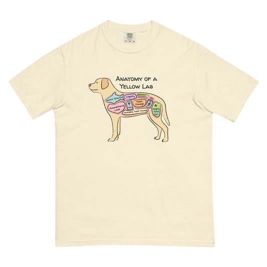 Anatomy of a yellow lab illustration on an ivory colored t-shirt