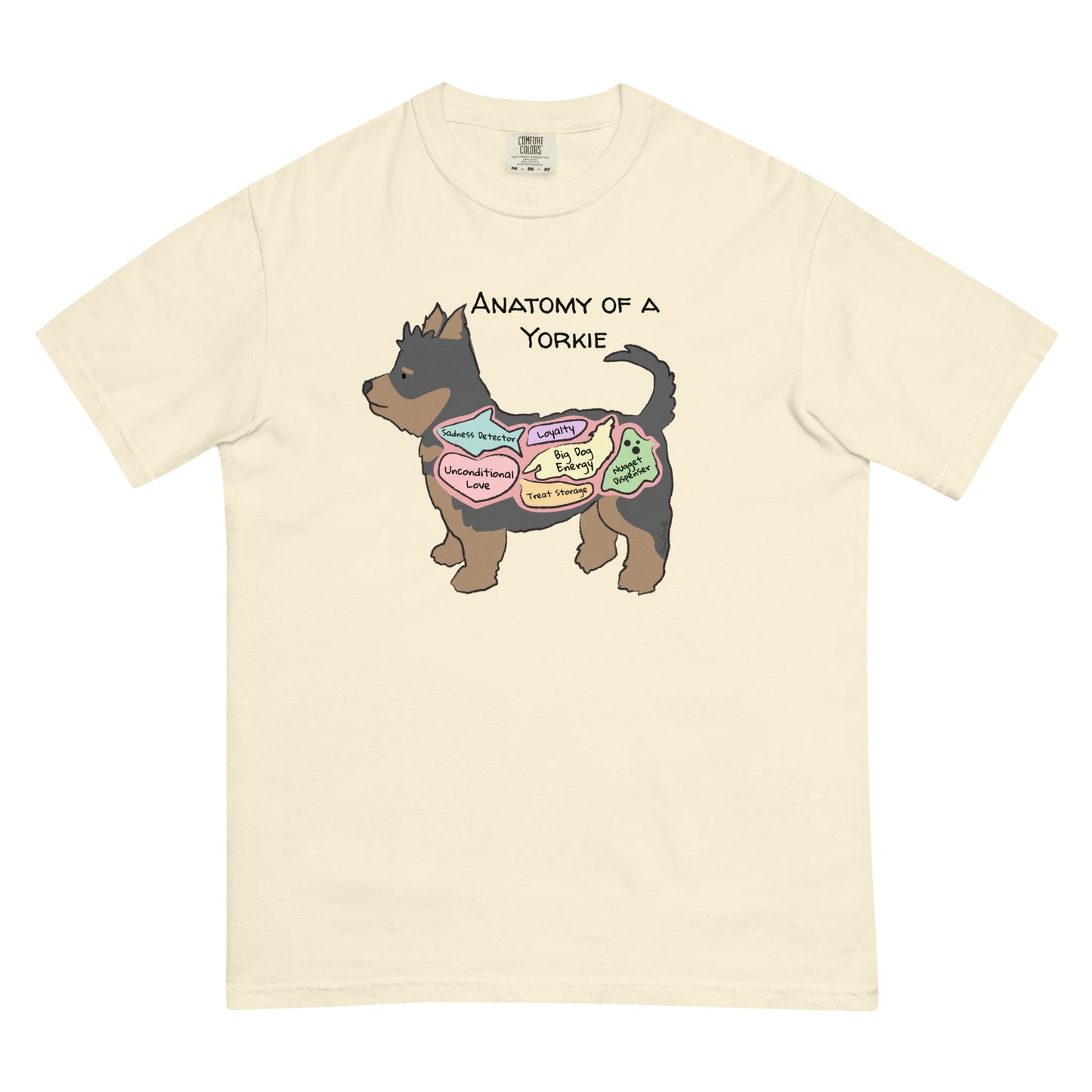 Anatomy of a yorkie illustration on an ivory colored T-Shirt