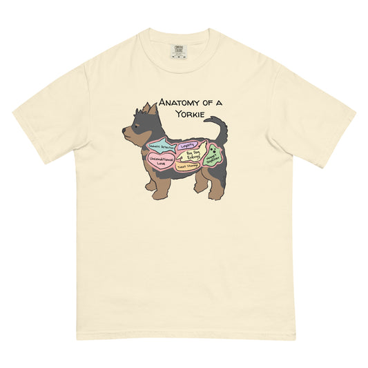 Anatomy of a yorkie illustration on an ivory colored T-Shirt