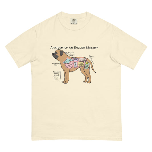 Anatomy of an english mastiff illustration on an ivory colored T-Shirt