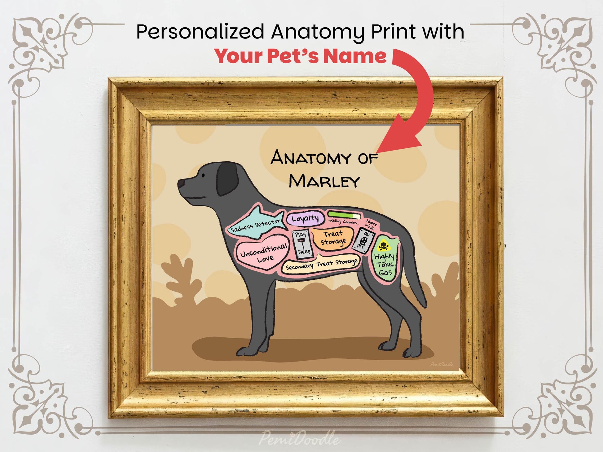 Personalized anatomy print of a black labrador dog with labeled parts on a beige background