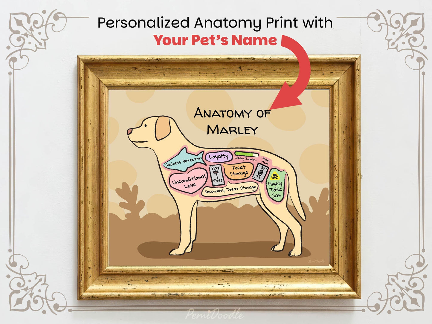 Personalized anatomy print of a yellow lab dog with labeled parts on a beige background