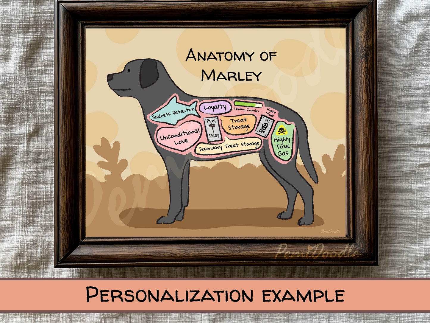 Framed illustration of a husky labeled 'Anatomy of Marley' with labeled internal parts