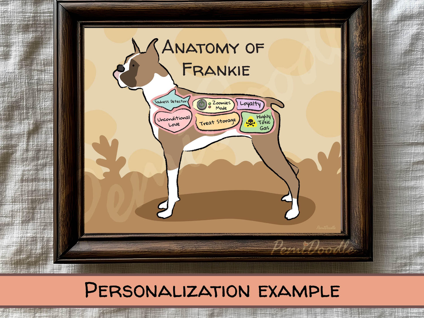 Framed illustration of a boxer dog labeled 'Anatomy of Frankie' 
