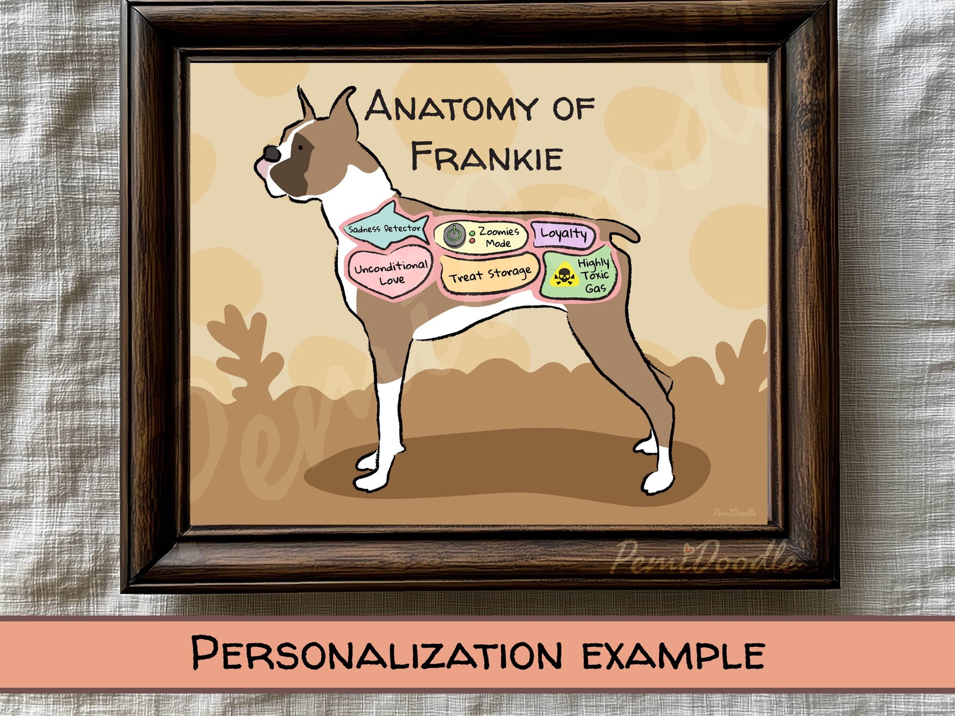Framed illustration of a boxer dog labeled 'Anatomy of Frankie' 