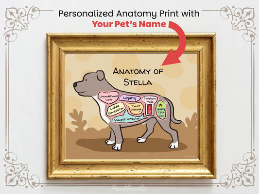 Personalized anatomy print of a pit bull dog with labeled parts on a beige background
