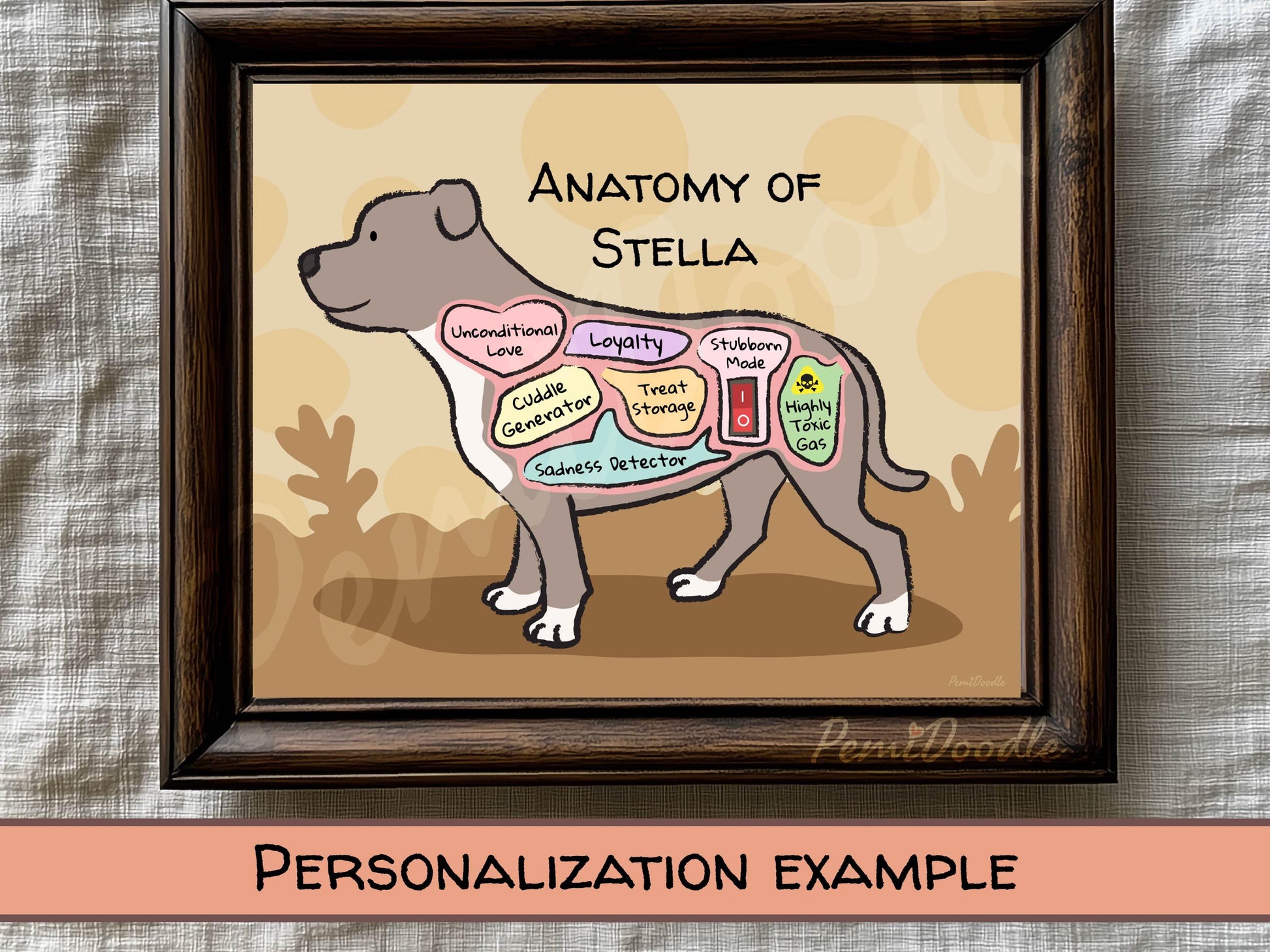 Framed illustration of a pit bull labeled 'Anatomy of Stella' with labeled internal parts