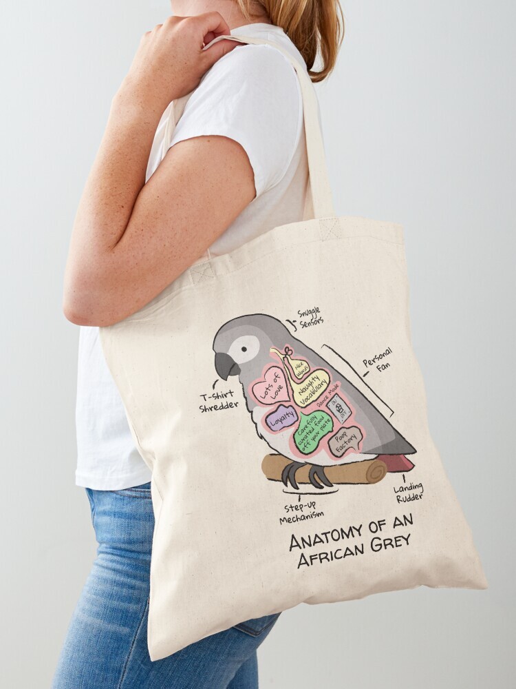 A woman wearing a white short sleeve t-shirt with a cotton tote bag on her shoulder. The tote bag features a cartoon illustration titled “Anatomy of an African Grey” showing a cute African Grey  bird with funny labeled anatomy sections.
