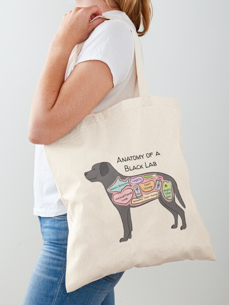 A woman wearing a white short sleeve t-shirt with a cotton tote bag on her shoulder. The tote bag features a cartoon illustration titled “Anatomy of a Black Lab” showing a cute Black Lab dog with funny labeled anatomy sections.