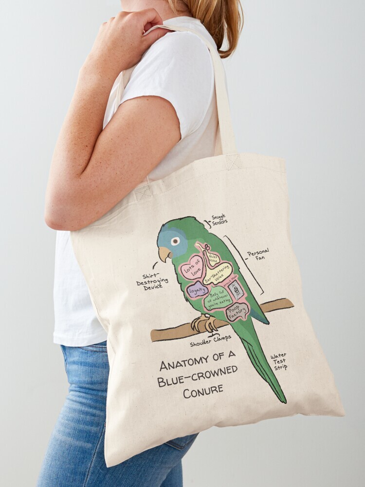 A woman wearing a white short sleeve t-shirt with a cotton tote bag on her shoulder. The tote bag features a cartoon illustration titled “Anatomy of a Blue-crowned Conure” showing a cute Blue-crowned Conure bird with funny labeled anatomy sections.