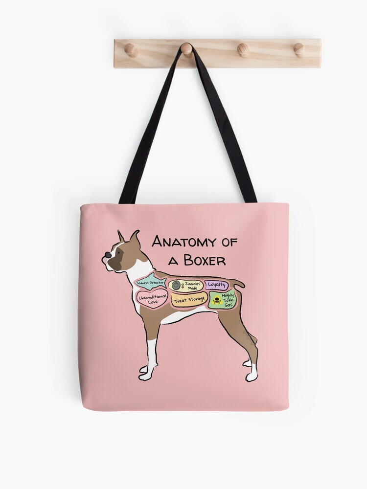 A pink-colored tote bag hanging off a wooden hook. On the tote bag features a cartoon illustration titled “Anatomy of a Boxer” showing a cute Boxer dog with funny labeled anatomy sections.