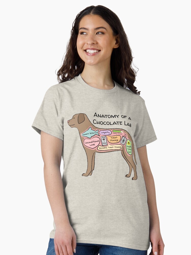 A brunette woman wearing a t-shirt  featuring a cartoon illustration titled “Anatomy of a Chocolate Lab” showing a cute Chocolate Lab dog with funny labeled anatomy sections.