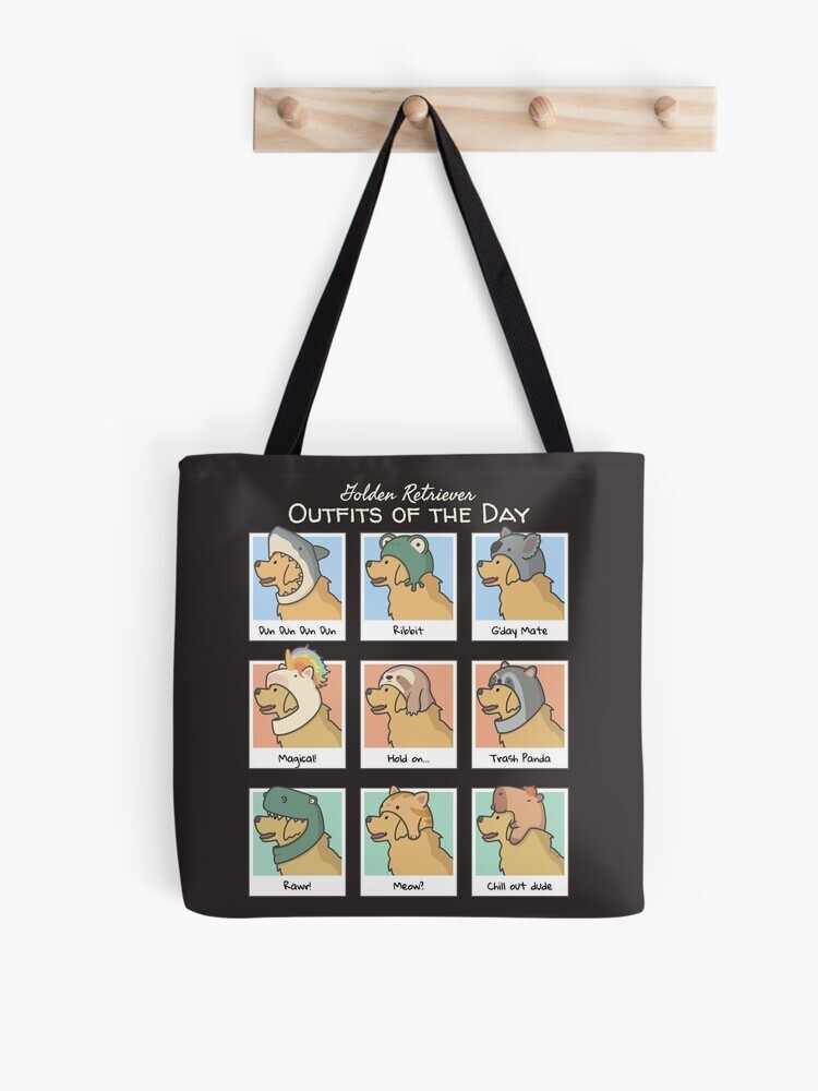 A brown tote bag hanging off a wooden hook. On the tote bag features a cartoon illustration titled “Golden Retriever Outfits of the Day” showing a cute Golden Retriever dog wearing different animal hats that include: shark, frot, koala, unicorn, sloth, raccoon, dinosaur, cat and capybara with an orange