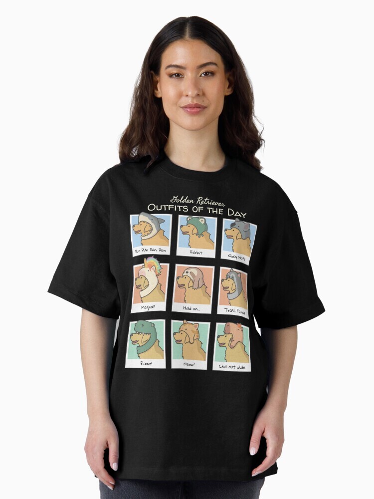A brunette woman wearing an shirt  featuring a cartoon illustration titled “Golden Retriever Outfits of the Day” showing a cute Golden Retriever dog wearing different animal hats that include: shark, frot, koala, unicorn, sloth, raccoon, dinosaur, cat and capybara with an orange