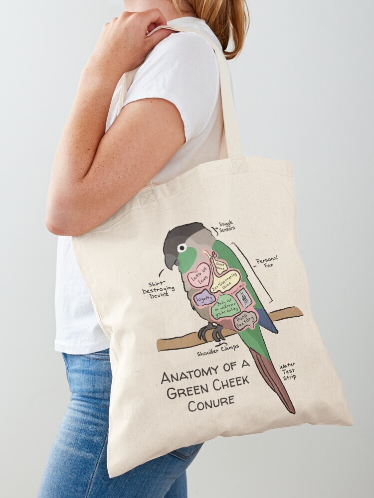 A woman wearing a white short sleeve t-shirt with a cotton tote bag on her shoulder. The tote bag features a cartoon illustration titled “Anatomy of a Green Cheek Conure” showing a cute Green Cheek Conure bird with funny labeled anatomy sections.
