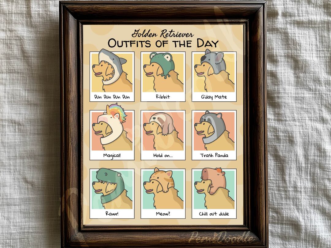Golden Retriever Outfits of the Day art print on Etsy