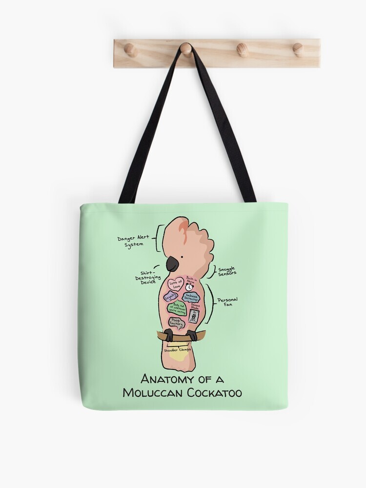 A pink-colored tote bag hanging off a wooden hook. On the tote bag features a cartoon illustration titled “Anatomy of a Moluccan Cockatoo” showing a cute Moluccan Cockatoo parrot with funny labeled anatomy sections.