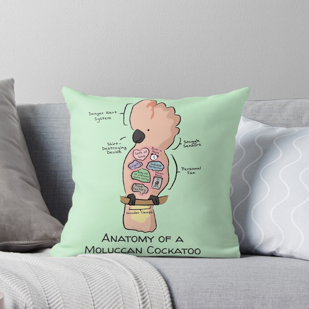 Decorative throw pillow on a couch featuring a cartoon illustration titled “Anatomy of a Moluccan Cockatoo” showing a cute Moluccan Cockatoo parrot with funny labeled anatomy sections.