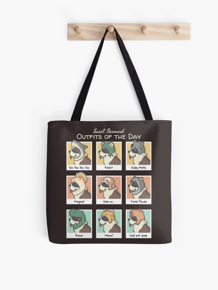 A brown tote bag hanging off a wooden hook. On the tote bag features a cartoon illustration titled “Saint Bernard Outfits of the Day” showing a cute Saint Bernard dog wearing different animal hats that include: shark, frot, koala, unicorn, sloth, raccoon, dinosaur, cat and capybara with an orange