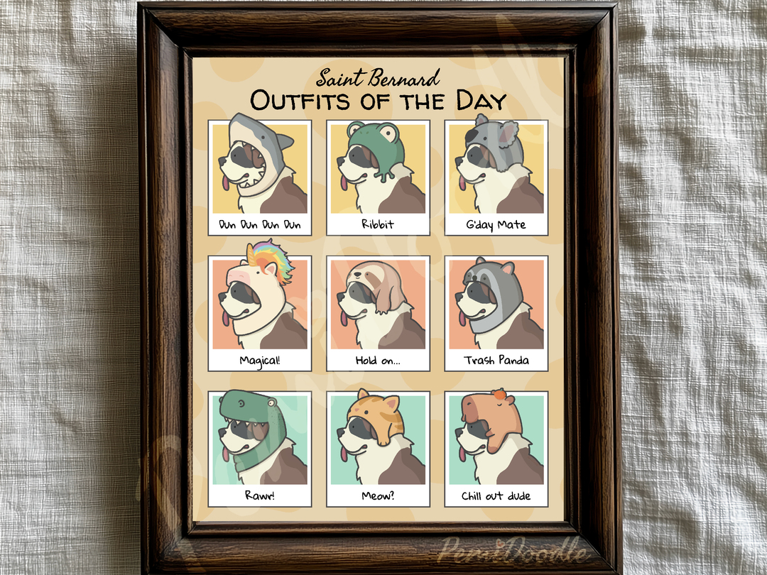 Saint Bernard Outfits of the Day art print on Etsy