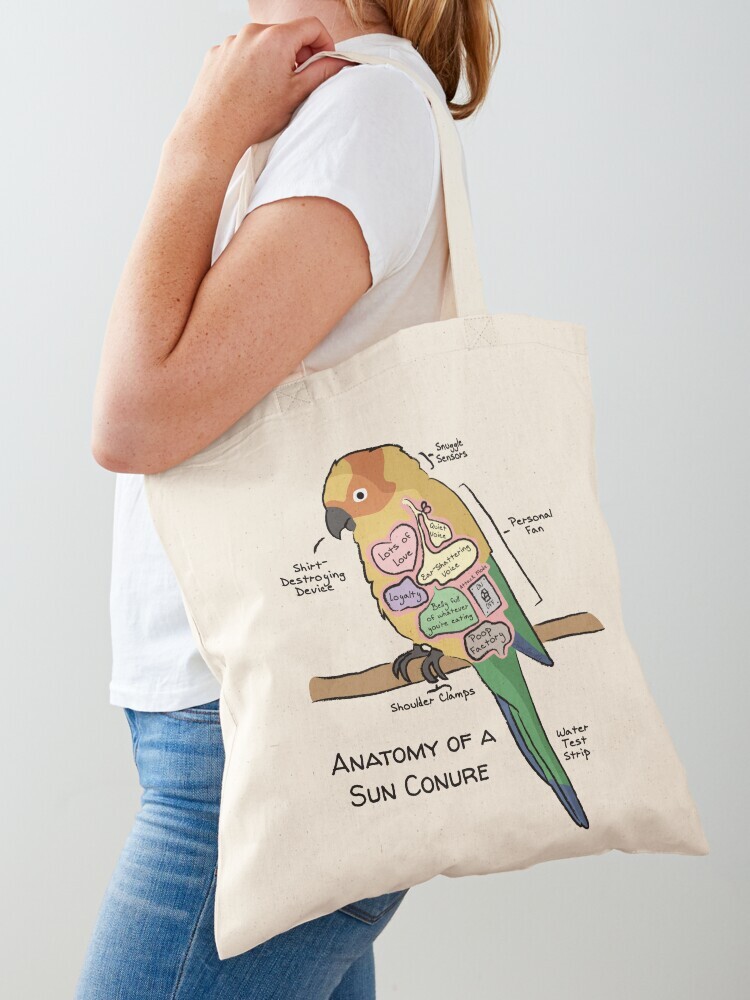 A woman wearing a white short sleeve t-shirt with a cotton tote bag on her shoulder. The tote bag features a cartoon illustration titled “Anatomy of a Sun Conure” showing a cute Sun Conure bird with funny labeled anatomy sections.