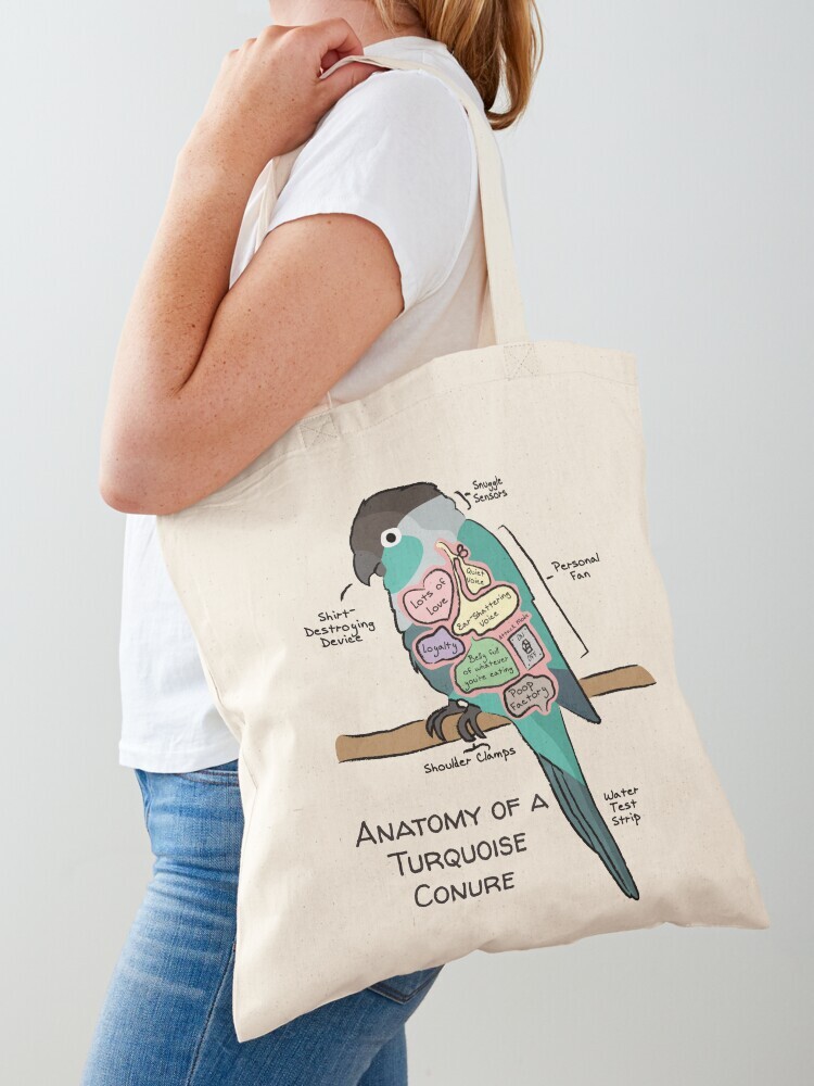 A woman wearing a white short sleeve t-shirt with a cotton tote bag on her shoulder. The tote bag features a cartoon illustration titled “Anatomy of a Turquoise Conure” showing a cute Turquoise Conure bird with funny labeled anatomy sections.