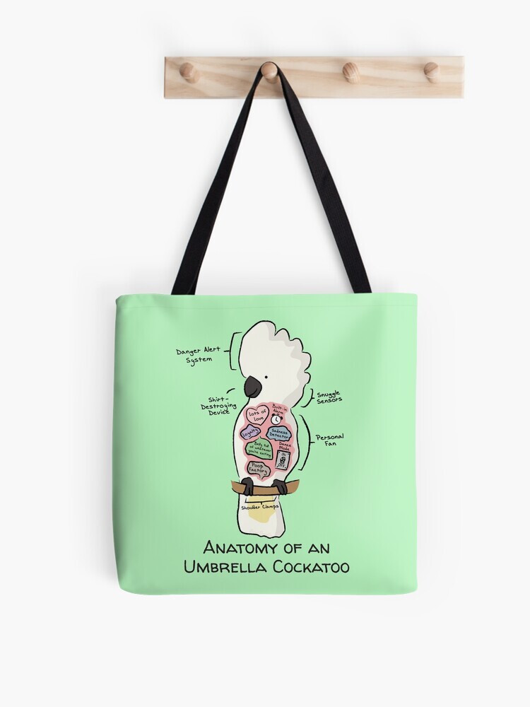A pink-colored tote bag hanging off a wooden hook. On the tote bag features a cartoon illustration titled “Anatomy of an Umbrella Cockatoo” showing a cute Umbrella Cockatoo  parrot with funny labeled anatomy sections.