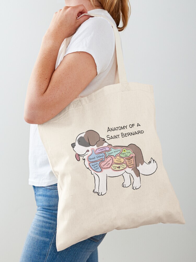 A woman wearing a white short sleeve t-shirt with a cotton tote bag on her shoulder. The tote bag features a cartoon illustration titled “Anatomy of a Saint Bernard,” showing a cute Saint Bernard dog with funny labeled anatomy sections.