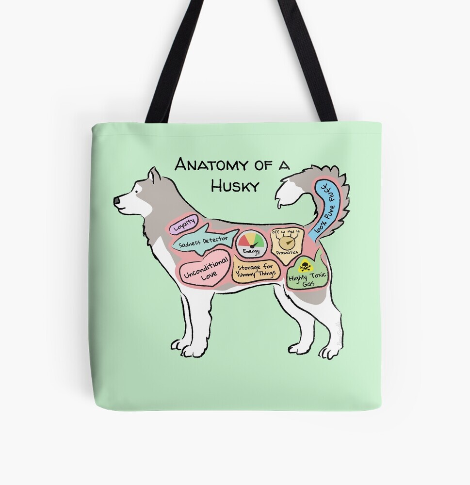 A mint-colored tote bag hanging off a wooden hook. On the tote bag features a cartoon illustration titled “Anatomy of a Husky” showing a cute Husky dog with funny labeled anatomy sections.