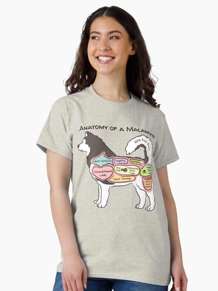 A brunette woman wearing a  t-shirt  featuring a cartoon illustration titled “Anatomy of a Malamute” showing a cute Malamute dog with funny labeled anatomy sections.