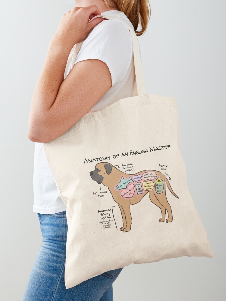 A woman wearing a white short sleeve t-shirt with a cotton tote bag on her shoulder. The tote bag features a cartoon illustration titled “Anatomy of an English Mastiff” showing a cute English Mastiff dog with funny labeled anatomy sections.