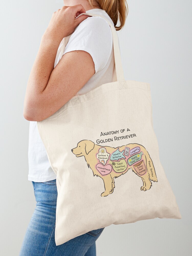 A woman wearing a white short sleeve t-shirt with a cotton tote bag on her shoulder. The tote bag features a cartoon illustration titled “Anatomy of a Golden Retriever” showing a cute Golden Retriever dog with funny labeled anatomy sections.