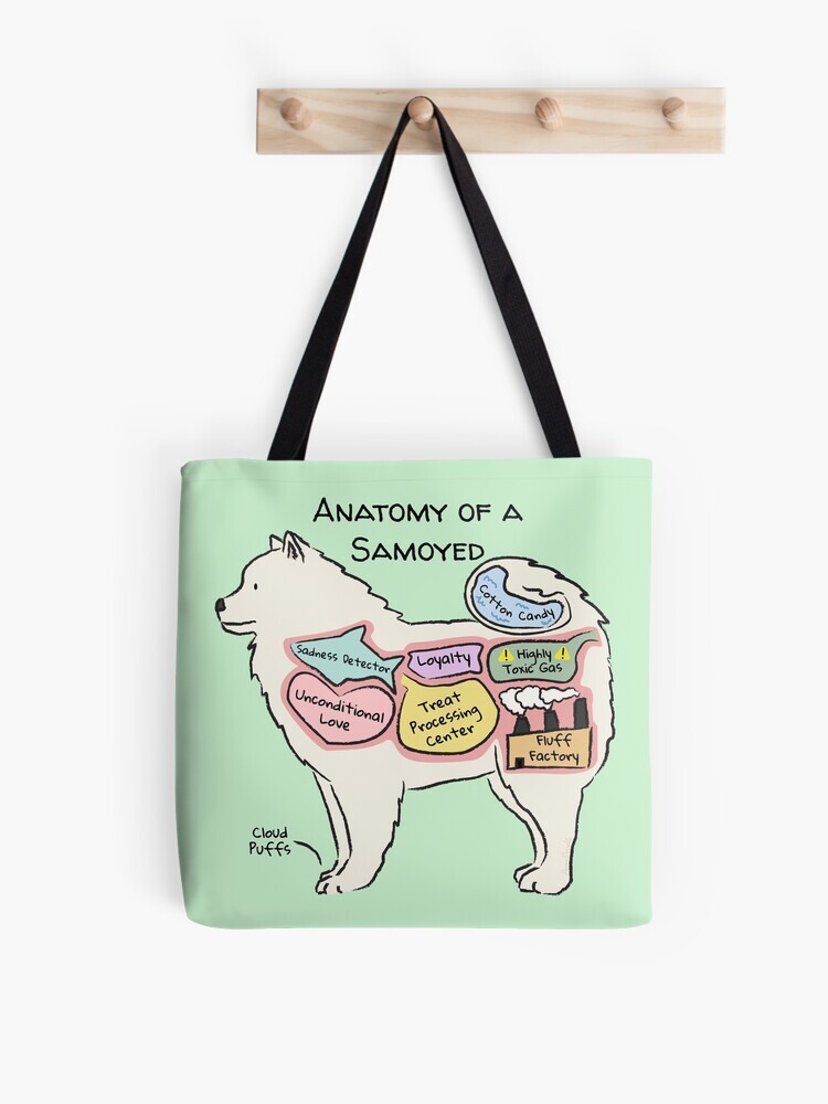 A mint-colored tote bag hanging off a wooden hook. On the tote bag features a cartoon illustration titled “Anatomy of a Samoyed” showing a cute Samoyed dog with funny labeled anatomy sections.