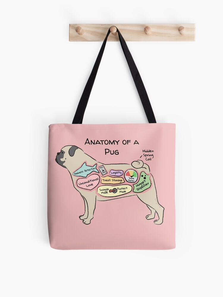 A pink-colored tote bag hanging off a wooden hook. On the tote bag features a cartoon illustration titled “Anatomy of a Pug” showing a cute Pug dog with funny labeled anatomy sections.