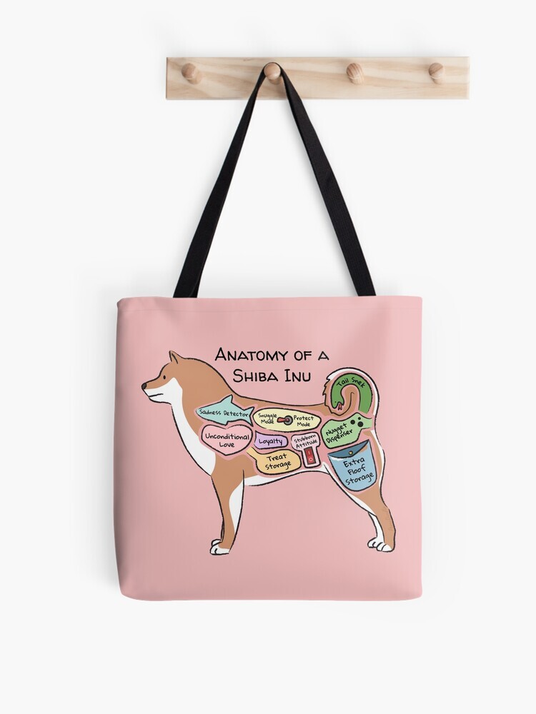 A pink-colored tote bag hanging off a wooden hook. On the tote bag features a cartoon illustration titled “Anatomy of a Shiba Inu” showing a cute Shiba Inu dog with funny labeled anatomy sections.