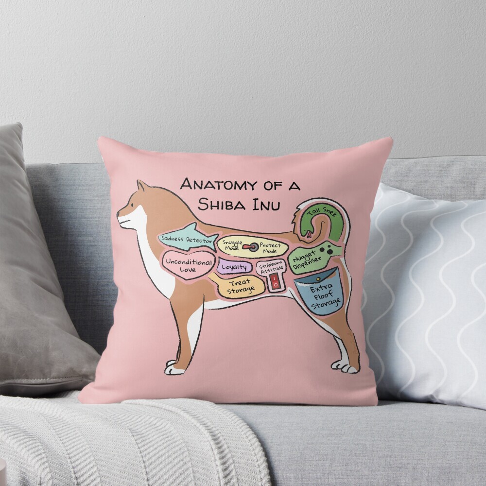 Decorative throw pillow on a couch featuring a cartoon illustration titled “Anatomy of a Shiba Inu