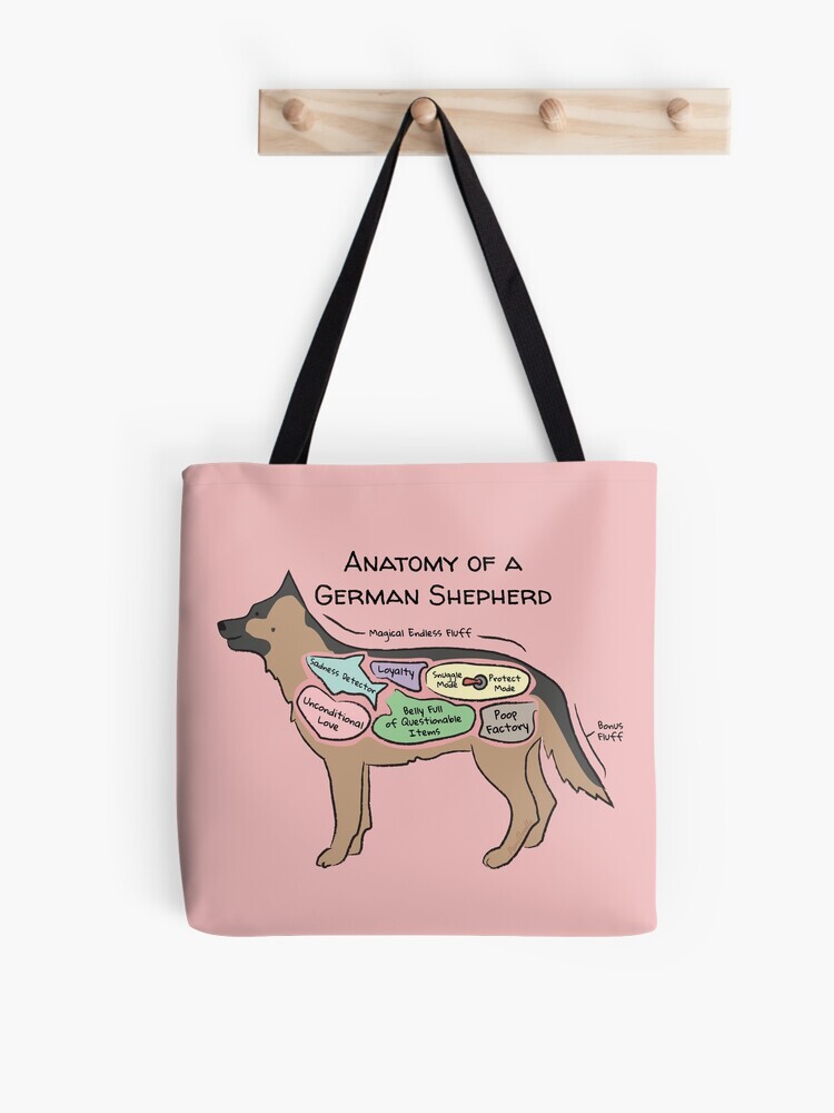 A pink-colored tote bag hanging off a wooden hook. On the tote bag features a cartoon illustration titled “Anatomy of a German Shepherd” showing a cute German Shepherd dog with funny labeled anatomy sections.