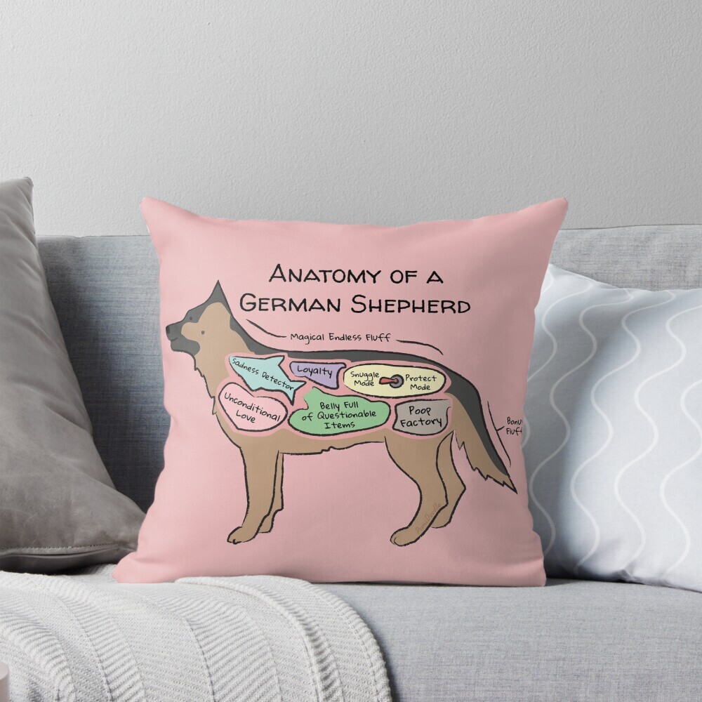 Decorative throw pillow on a couch featuring a cartoon illustration titled “Anatomy of a German Shepherd” showing a cute German Shepherd dog with funny labeled anatomy sections.